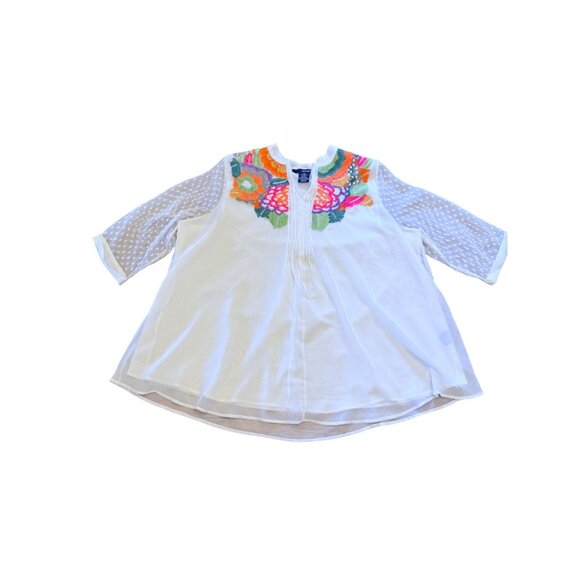 Denim 24/7 Ivory Embroidered Tunic Blouse With Sheer Sleeves Size 24W - Picture 2 of 9